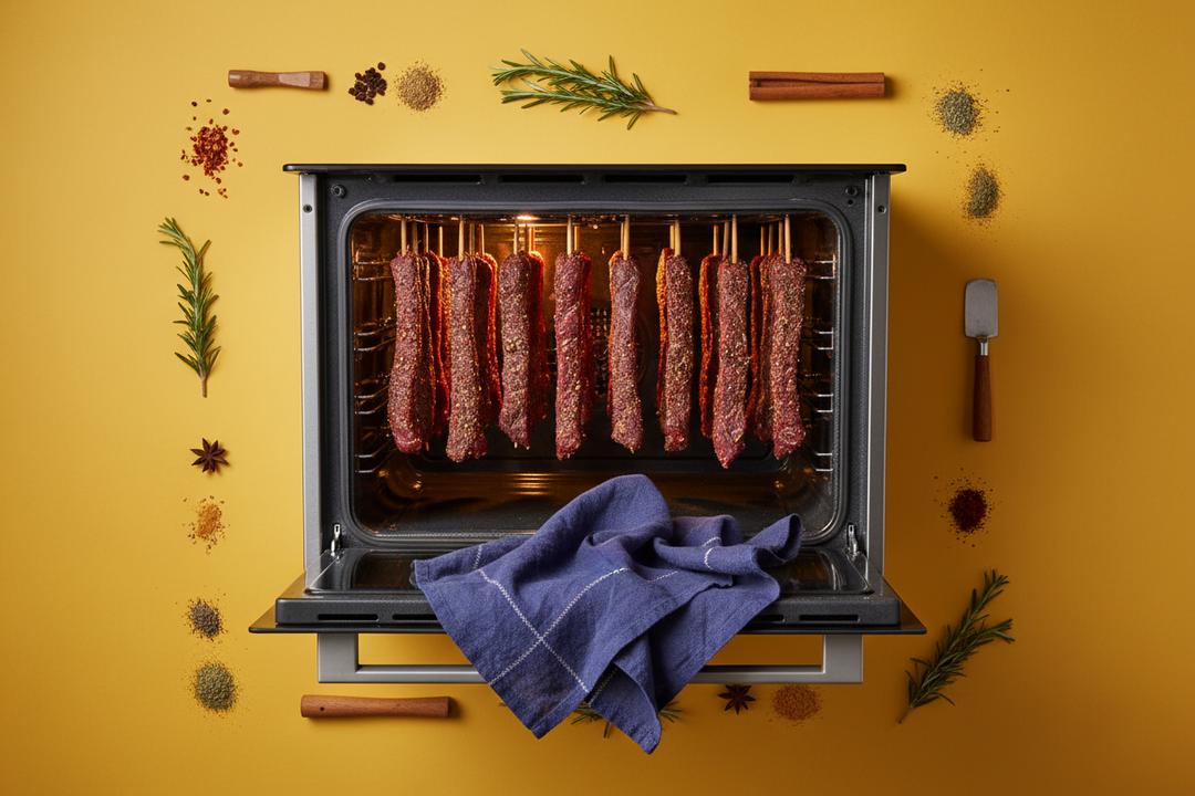 An oven door propped slightly open with a tea towel while strips of spiced beef dry on a rack inside.