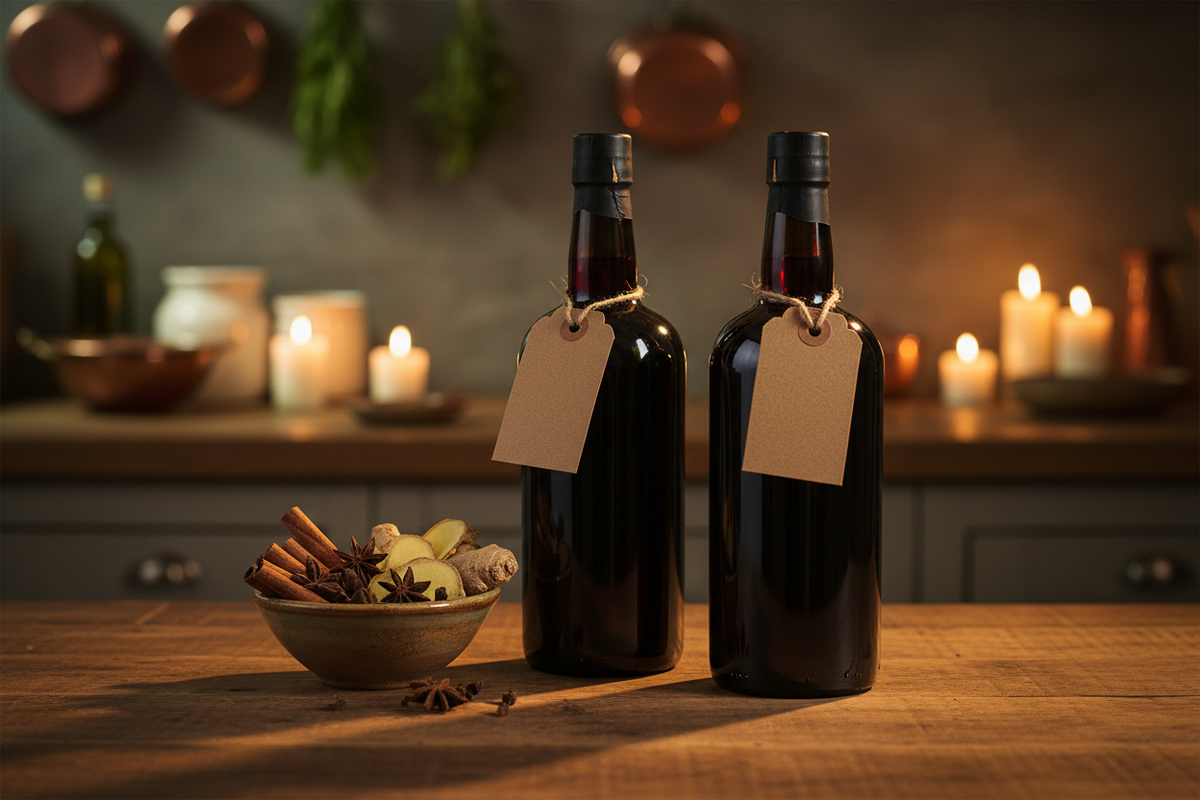 Two bottles of home spiced rum with handwritten kraft tags beside a small bowl of dried spices on a kitchen table.
