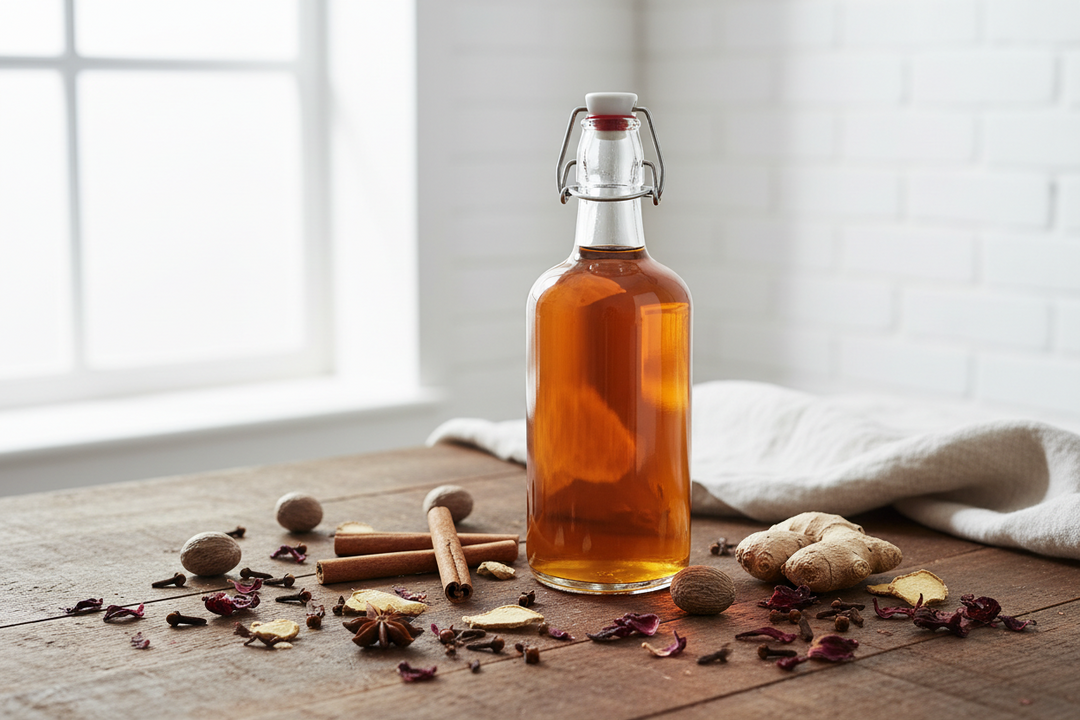 A bottle of homemade spiced rum beside whole cassia bark, cloves, nutmeg and dried hibiscus on a dark wooden table.
