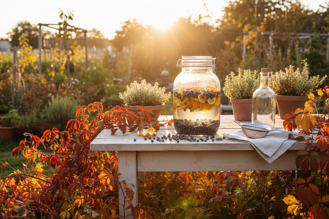 A large glass jar of vodka steeping with juniper berries and strips of citrus peel on a kitchen worktop beside an empty bottle and a sieve.