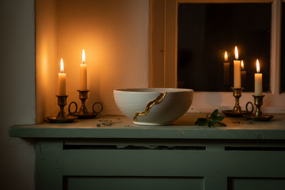 A pale ceramic bowl mended with a soft gold seam resting on a windowsill in quiet morning light.