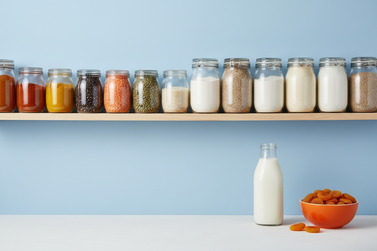 A store cupboard shelf of sealed jars and dried ingredients beside a bottle of fresh milk on a kitchen worktop.
