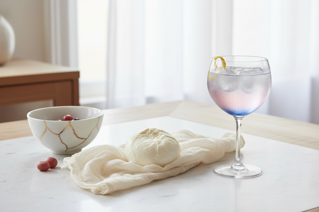 A quiet Sunday kitchen with a ball of fresh mozzarella on a cloth, a blue gin and tonic turning pink, and a gold mended bowl.