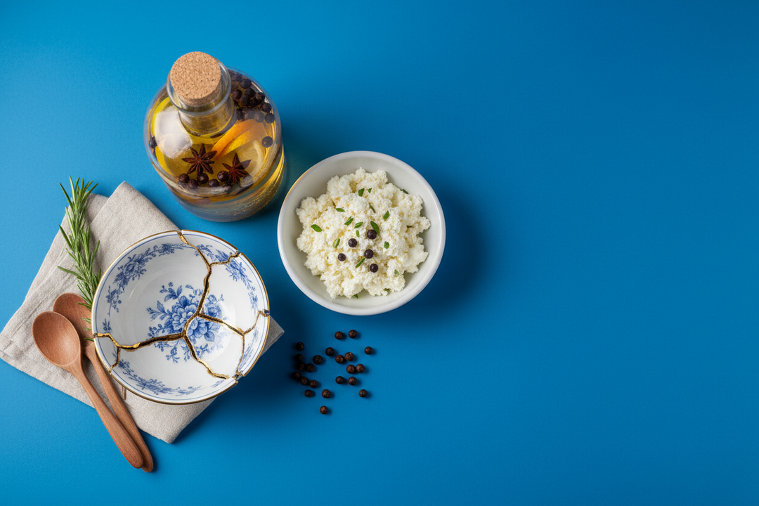 An unhurried kitchen table with a small dish of fresh ricotta, a jar of gin infusing with juniper berries and a china bowl mended in gold.
