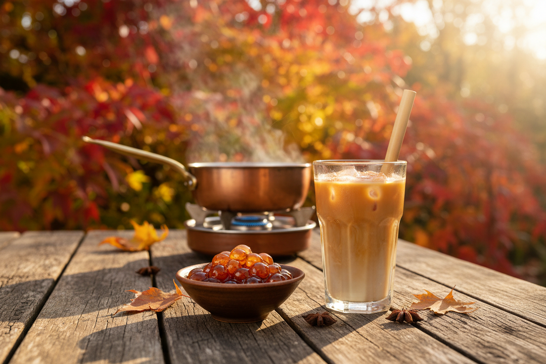 Cooked tapioca pearls glossy with syrup in a small bowl beside a tall glass of iced milk tea with a wide straw.