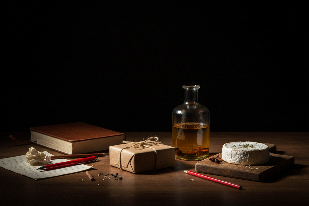 A small wrapped gift box and a handmade child's card on a desk beside a bottle of homemade gin and a jar of chilli sauce.