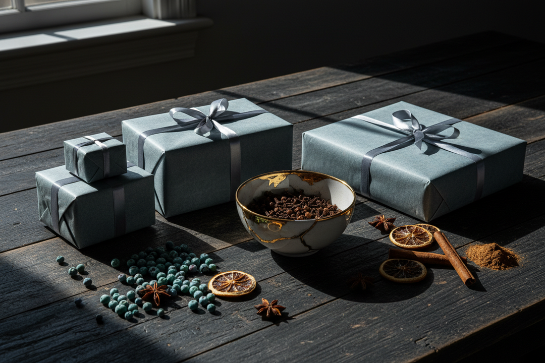 Three gift-wrapped boxes on a table with juniper berries, dried spices and a gold-seamed ceramic bowl around them.