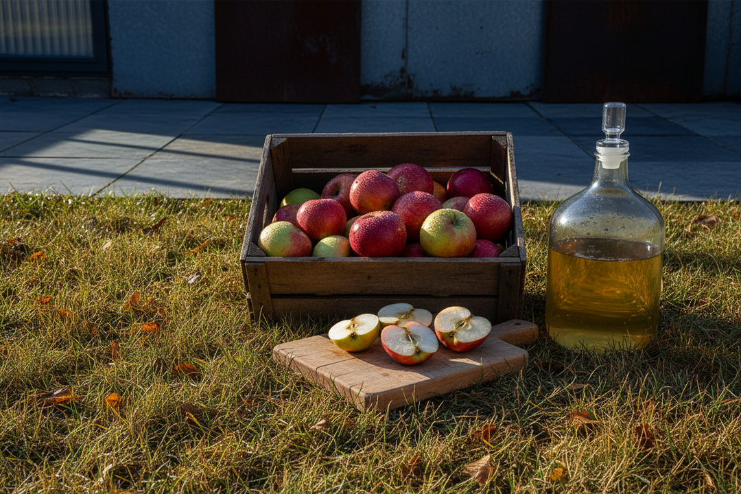 A crate of windfall apples on autumn grass beside a chopping board of quartered fruit and a demijohn of pale wine.